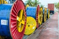 MALE, MALDIVES Ã¢â¬â November 16, 2017: Large multi-colored coils for electric cables, lying along the road